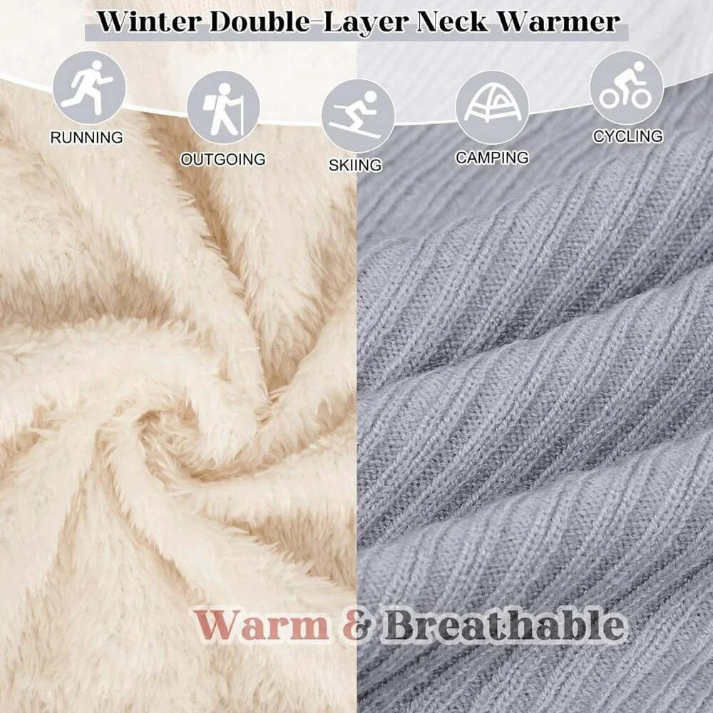 Women's H-black + grey Scarf Winter Double-Layer Neck Warmer Knit Fleece